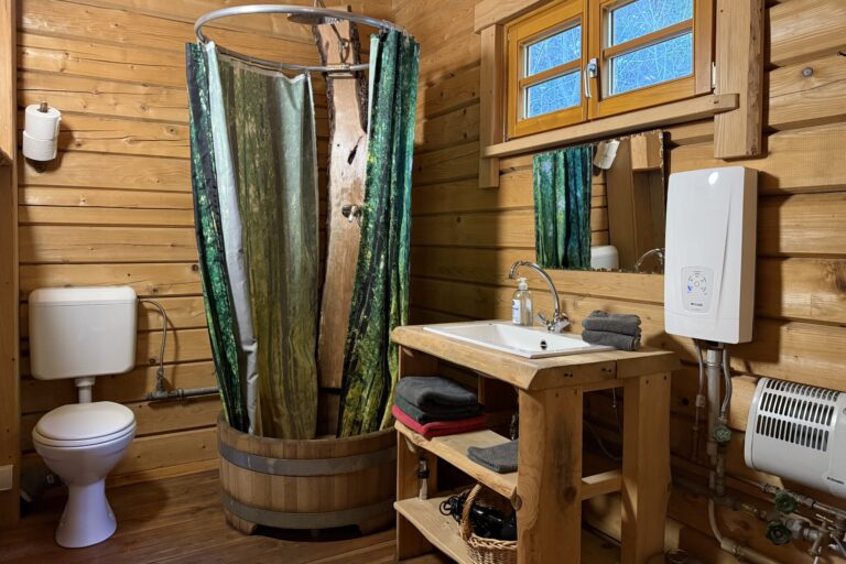 Die edle Dusche im Badezimmer der Blockhütte