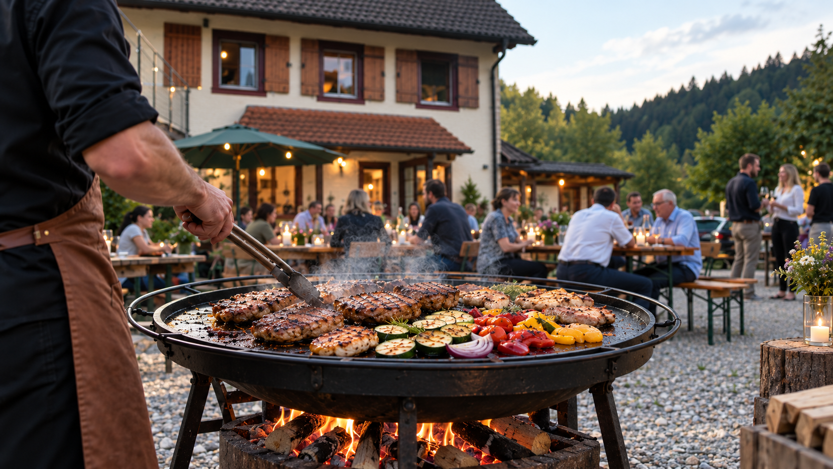 Grillabend mit Gästen vor dem Schlössle im Schwarzwald